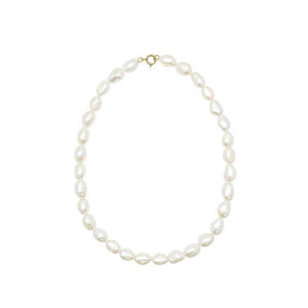 Handmade in London, UK, oval freshwater pearl necklace with solid 9k gold spring clasp.