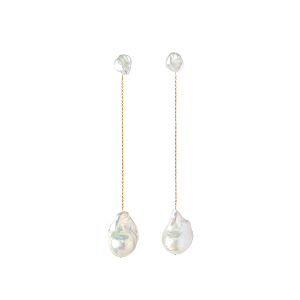 Luxurious handcrafted freshwater baroque and keshi pearl drop earrings with 9k gold chain.